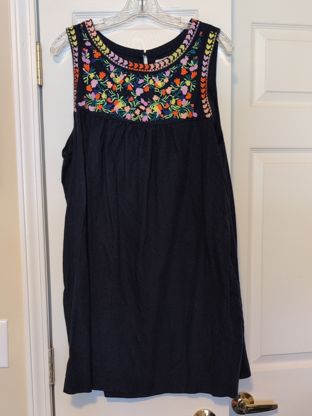 J. Crew Navy Sleeveless Dress with Multicolor Floral Embroidery